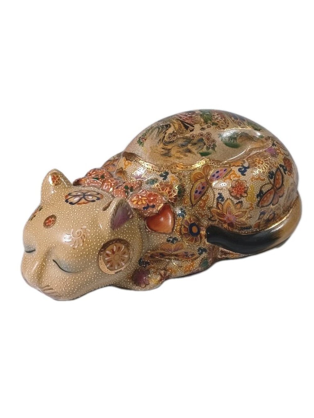 Vintage Japanese Satsuma Sleeping Cat Cloisonne Moriage Gold Accents Geishas But - Picture 3 of 12